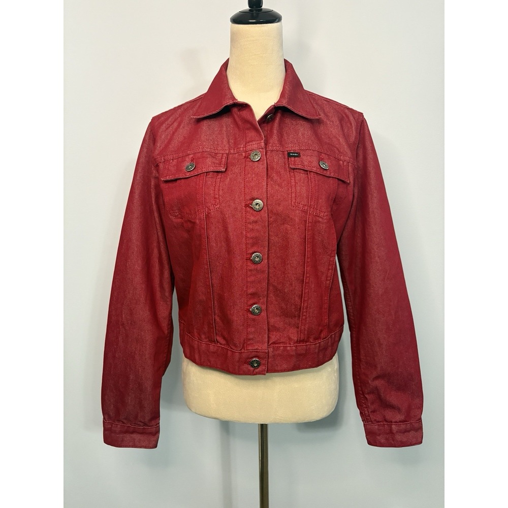 VTG Ikeda Red Denim Jacket 90s Trucker Shiny Jean Button Up Canadian Size Large